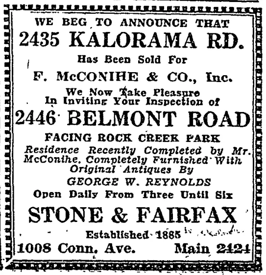 advertisement for 2446 Belmont Road - December 28th, 1928 (Washington Post)