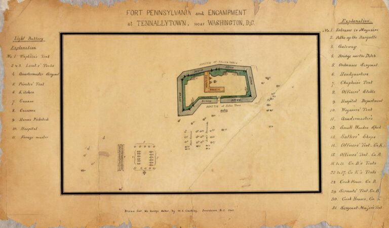 Fort Pennsylvania and encampment at Tennallytown near Washington, D.C. / drawn for Mr. George Baker by W.E. Cushing, Providence, R.I., 1862.