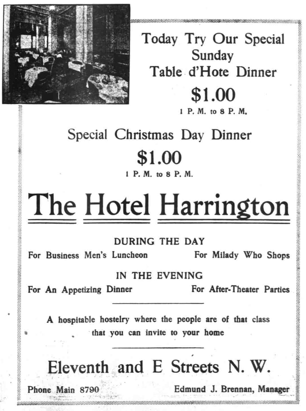 Hotel Harrington Christmas 1914 advertisement - December 20th, 1914 (Washington Herald)