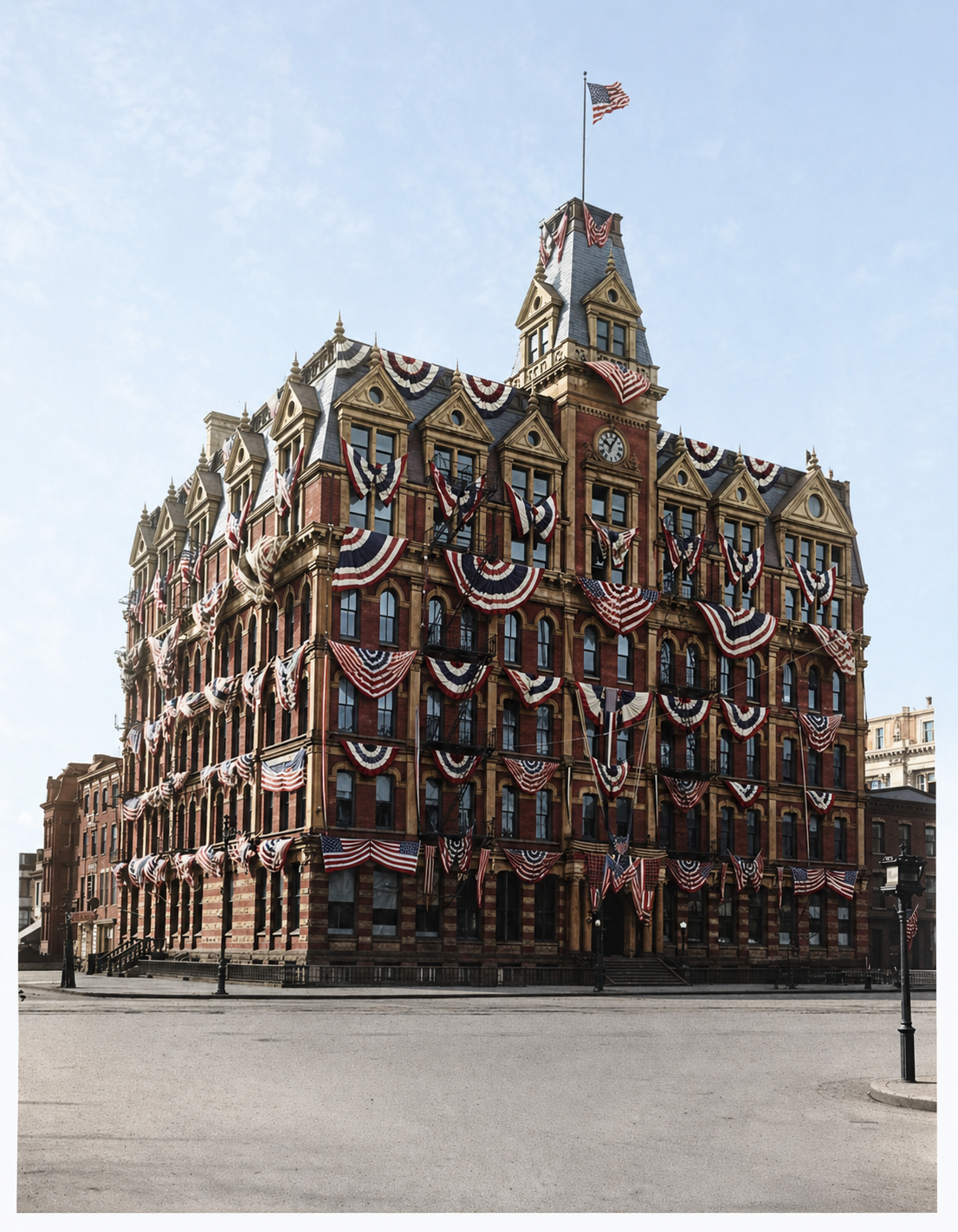 The Southern Railway Building at 13th Street and Pennsylvania Avenue NW, circa 1899-1916. The Library of Congress identifies the flags as probably for an inaugural event. This is the original Second Empire building, expanded in 1893 and 1899, that burned in April 1916. Library of Congress, National Photo Company Collection.