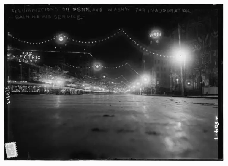 Photo shows night view of Pennsylvania Avenue in Washington, D.C., decorated with electric lights for the first inauguration of President Woodrow Wilson. (Source: Flickr Commons project, 2008)