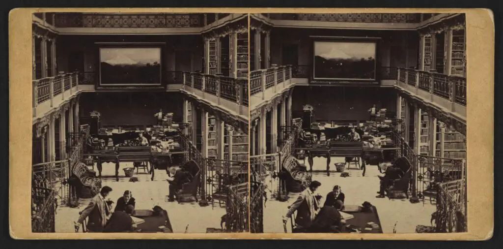 Stereograph showing an interior view of the Library of Congress with reading room and stacks in the U.S. Capitol building (1866)