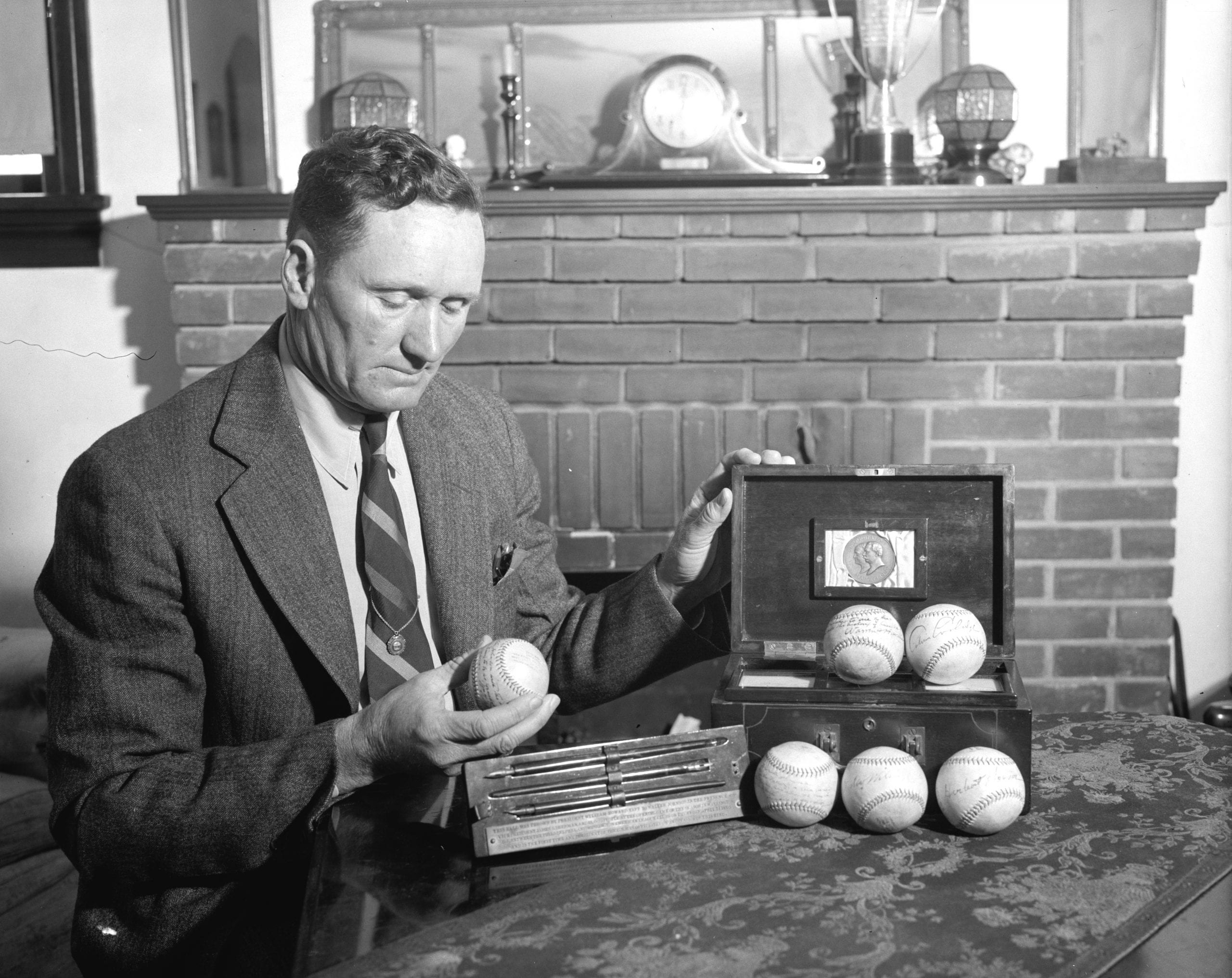 Baseballs autographed by six Presidents. 'Big Train's' gift to Baseball Hall of Fame. Washington, D.C., April 29. Walter Johnson's contribution to the National Baseball Museum at Cooperstown, New York, will be these six baseballs autographed by six presidents: Theodore Roosevelt, William H. Taft, Woodrow Wilson, Warren G. Harding, Calvin Coolidge, and Herbert Hoover. With the exception of the ones autographed by Presidents Theodore Roosevelt and Herbert Hoover, the balls are those which were thrown out at opening games pitched by Johnson during his regime as star pitcher for the Washington Senators. The ball autographed by President Hoover was presented to Johnson while he was manager of the Washington team while the one with the signature of Theodore Roosevelt was a special gift to the Big Train