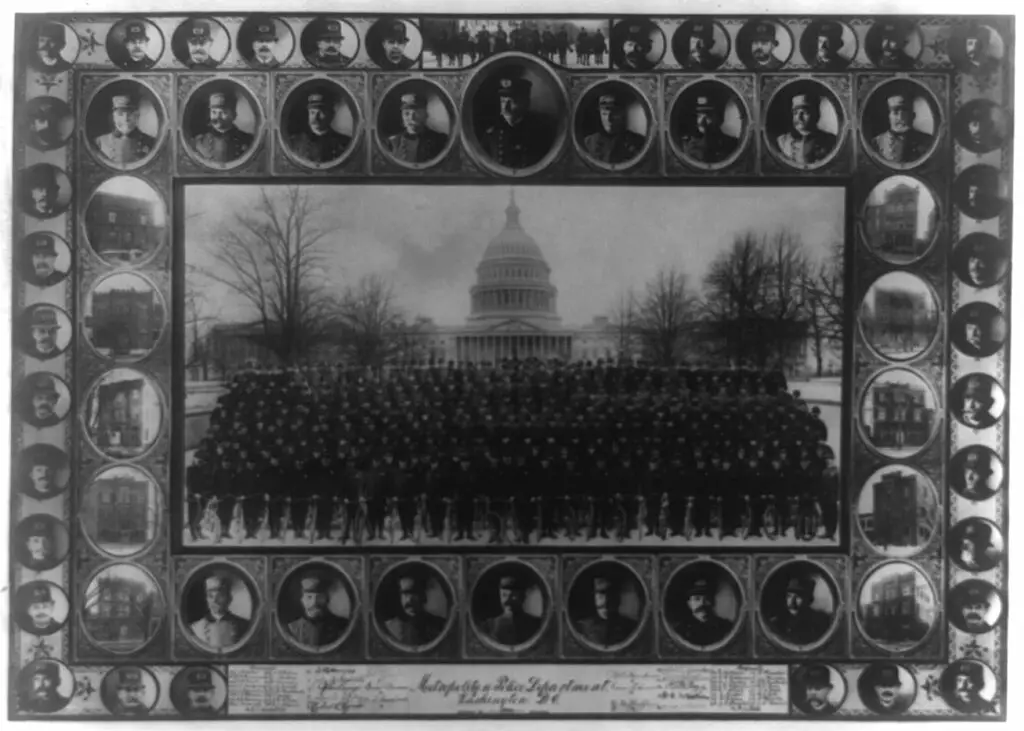 Composite of large group of policemen with U.S. Capitol in background. Head-and-shoulders portraits of policemen and police stations around border.