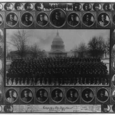Composite of large group of policemen with U.S. Capitol in background. Head-and-shoulders portraits of policemen and police stations around border.