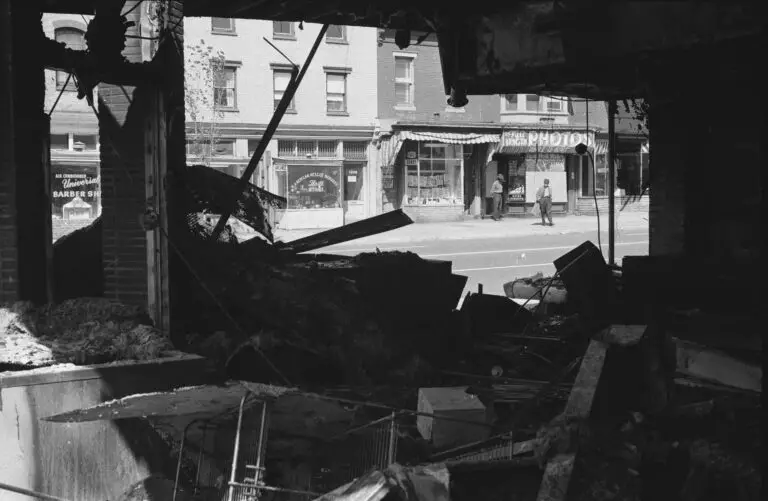 Photograph shows the ruins of a store in Washington, D.C., that was destroyed during the riots that followed the assassination of Martin Luther King, Jr.