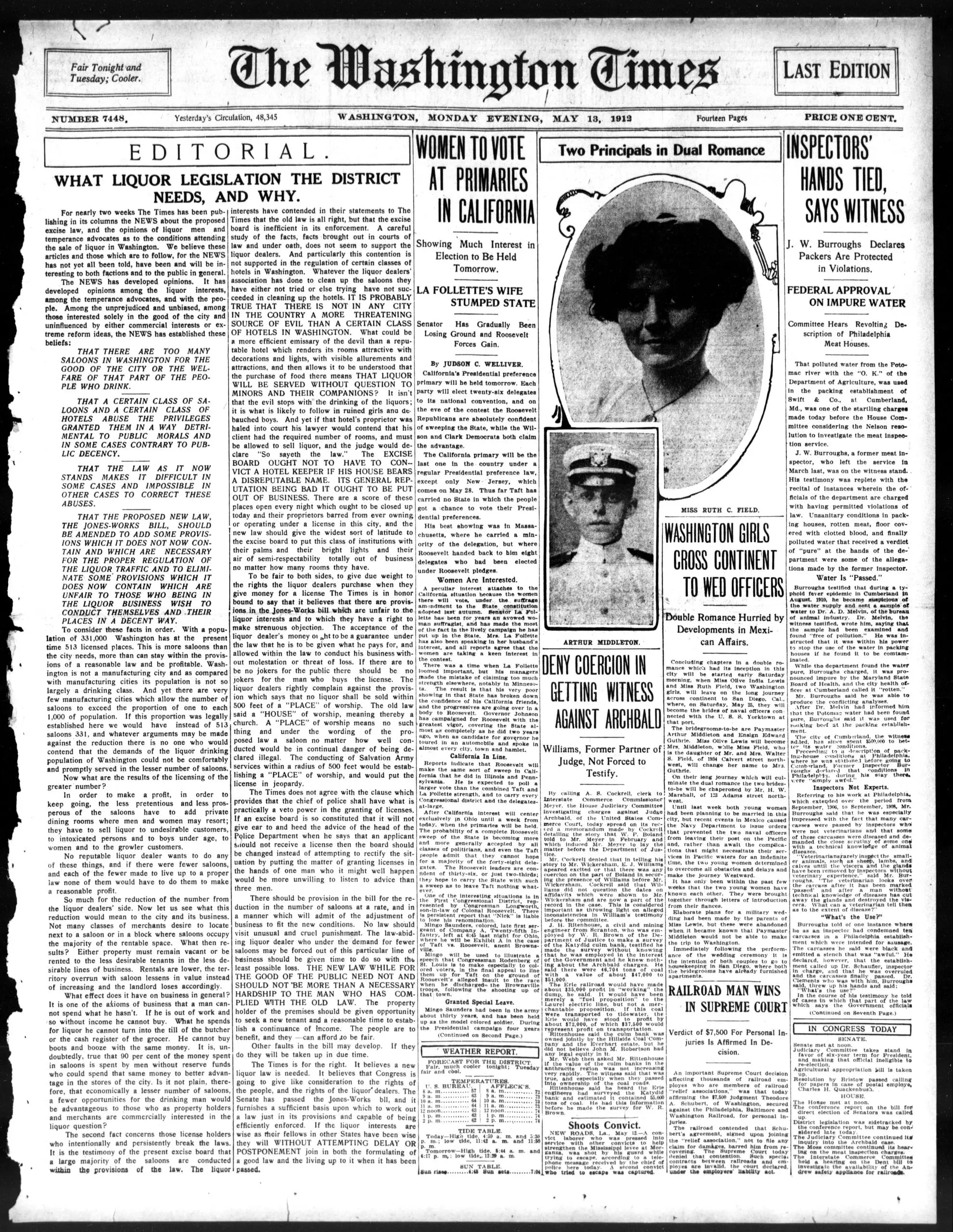 front page of the Washington Times - May 13th, 1912