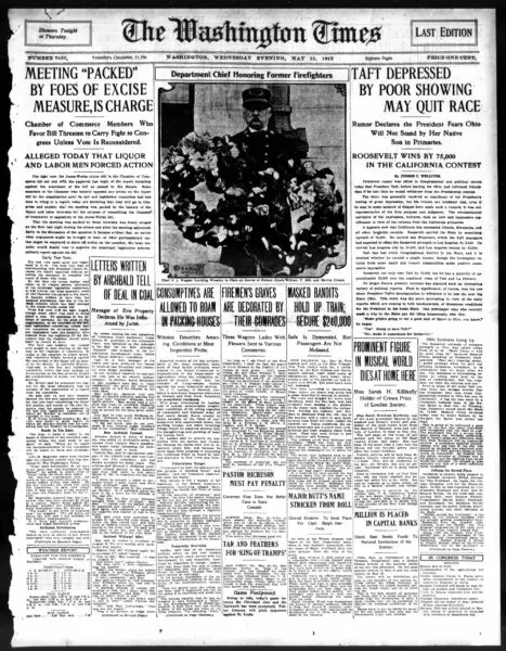 front page of the Washington Times - May 15th, 1912