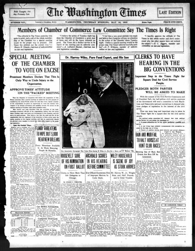 front page of the Washington Times - May 16th, 1912