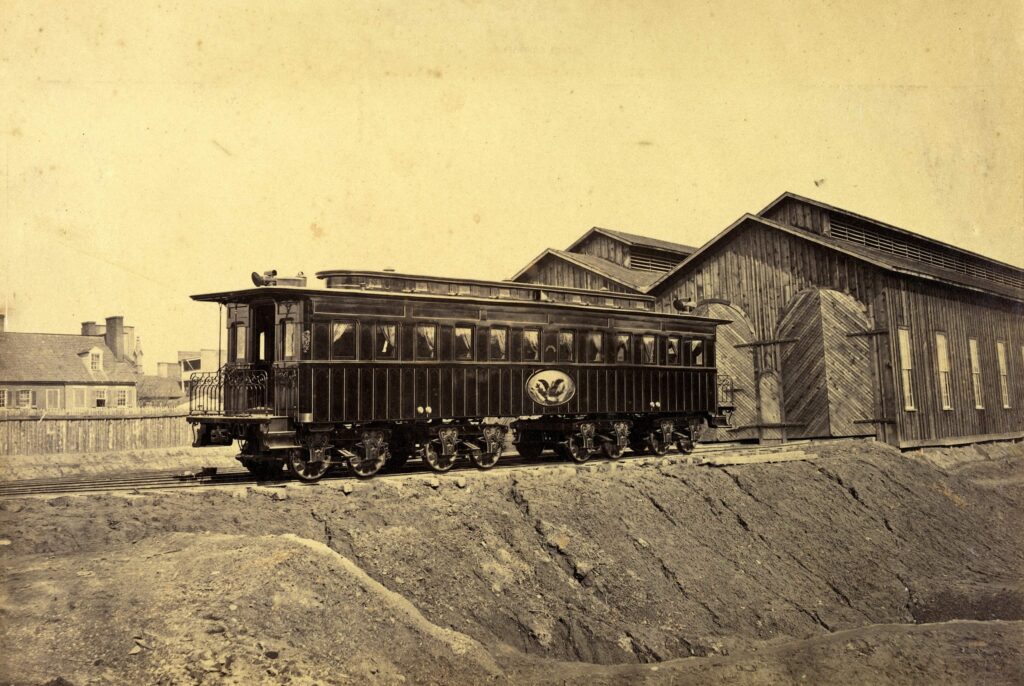 Photograph shows the president's rail car at the Alexandria station. Photograph probably taken in Jan. The car was later used as Lincoln's funeral car.