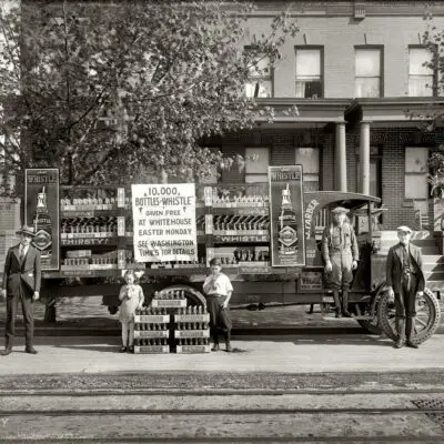 Washington, D.C., 1921. "Whistle car." A truck filled with Whistle, the "beverage wrapped in bottles." National Photo Company glass negative.