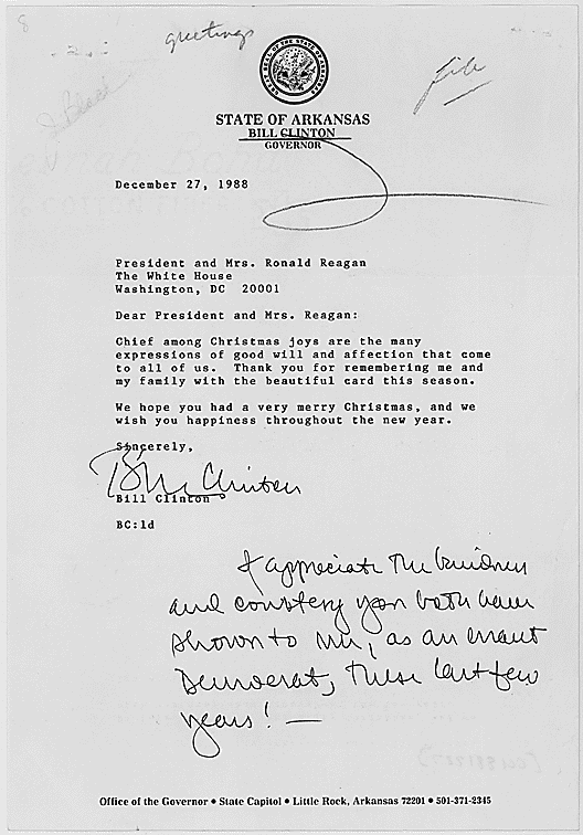 letter from Bill Clinton to Ronald Reagan on December 27th, 1988
