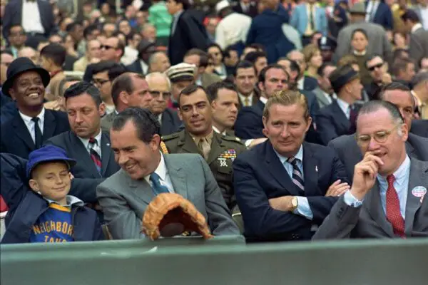 Richard Nixon at the Washington Senators versus the New York Yankees baseball game on Opening Day. 4/6/69.
