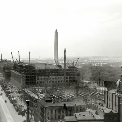 Washington, D.C., circa 1931. "Department of Commerce under construction from top of National Press Building looking down 14th Street." Willard Hotel at right. Large format negative by Theodor Horydczak.