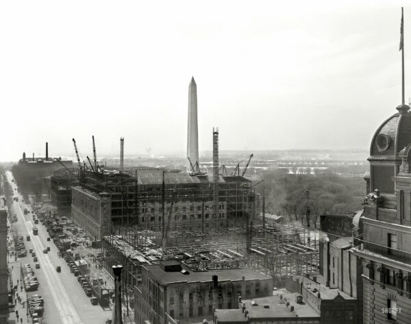 Washington, D.C., circa 1931. "Department of Commerce under construction from top of National Press Building looking down 14th Street." Willard Hotel at right. Large format negative by Theodor Horydczak.