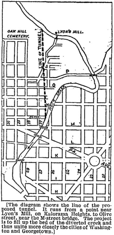 map of proposed Rock Creek tunnel in 1886