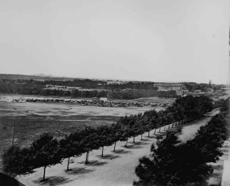 General view of the city from the south toward the Treasury Building and the White House. Cows are grazing near Tiber Creek.