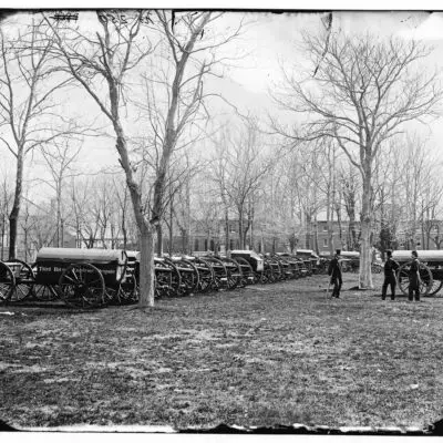 Washington, D.C. Park of Wiard guns at the Arsenal; H.L. Stuart, Nathaniel P. Willis, and Gen. Daniel E. Sickles at right