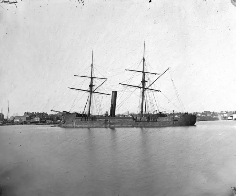 Washington, D.C. Ex-Confederate iron-clad ram Stonewall at anchor; U.S. Capitol in the background