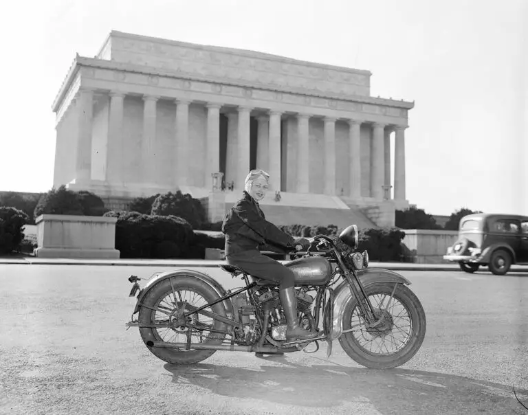 First of fair sex to obtain motorcycle license in Capital. Washington, D.C., Sept. 15. Although she weights only 88 pounds--one-third of the machine she rides, Mrs. Sally Halterman is the first woman to be granted a license to operate a motorcycle in the District of Columbia. She is 27 years old and 4 feet, 11 inches tall. Immediately after receiving her permit, Mrs. Halterman was initiated into the D.C. Motorcycle Club - the only girl ever to be accorded this honor