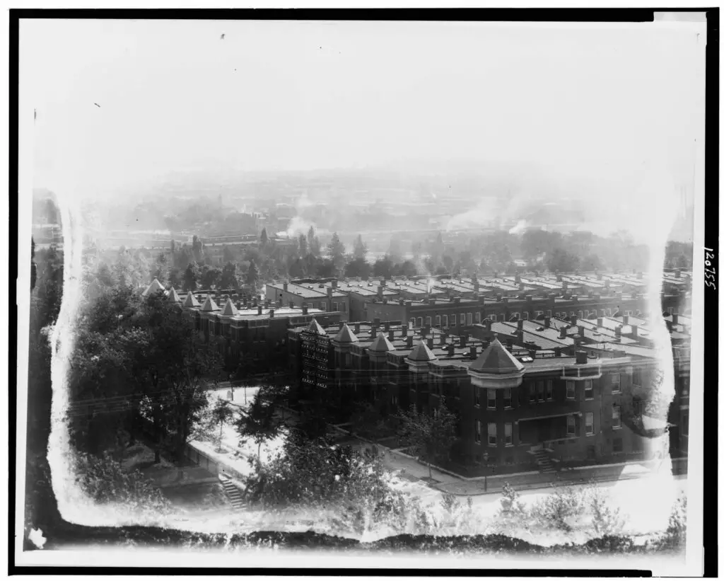 Aerial view of Washington, D.C., looking south, southwest, from old Providence Hospital, showing E Street, Duddington Place, F Street, S.E., between 1st and 2nd Streets