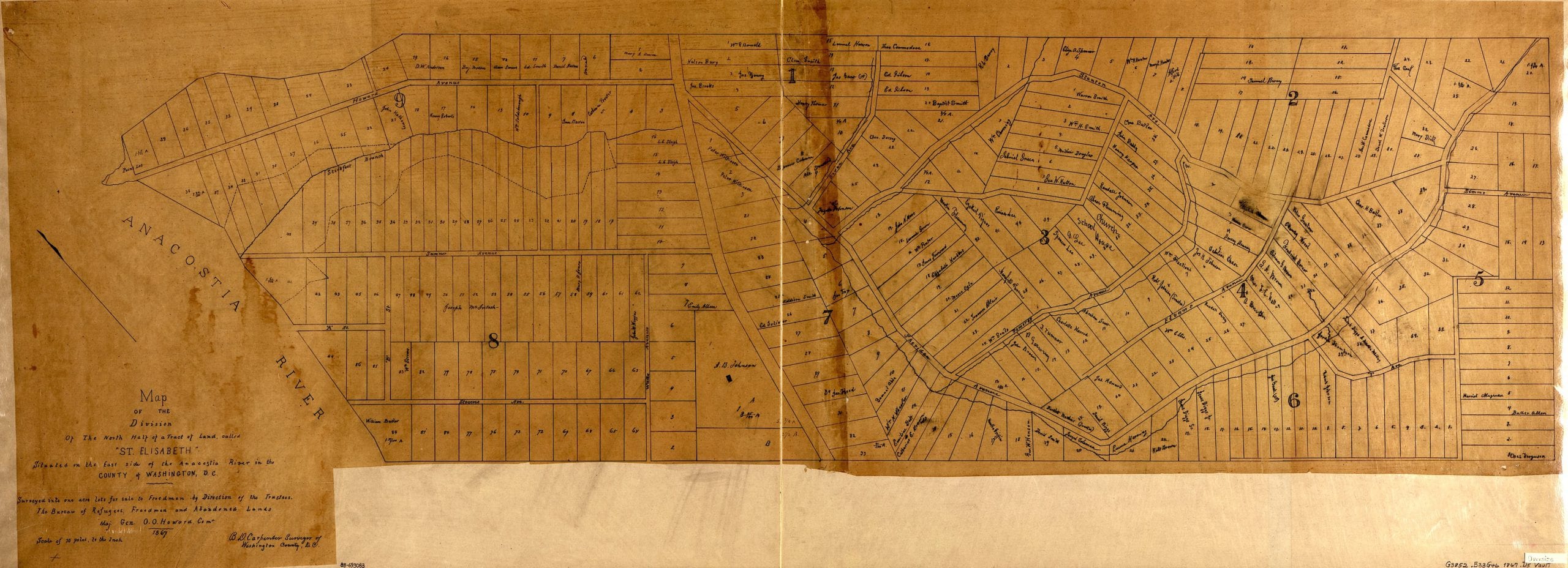 Map of the division of the north half of a tract of land called "St. Elisabeth," situated on the east side of the Anacostia River in the county of Washington, D.C. : surveyed into one acre lots for sale to freedmen