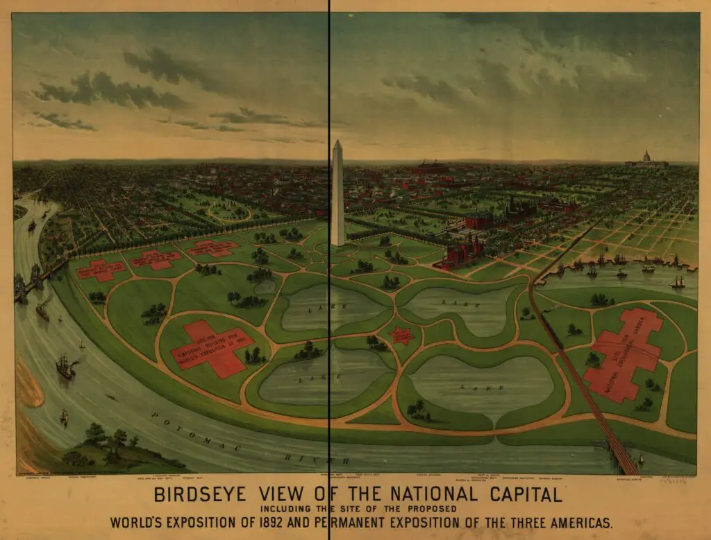Birdseye view of the National Capital, including the site of the proposed World's Exposition of 1892 and Permanent Exposition of the Three Americas