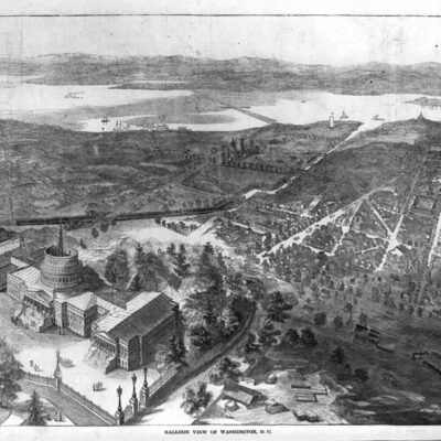 Balloon view of Washington, D.C., Harper's Weekly, July 27, 1861, p. 476. Library of Congress Prints and Photographs Division, LC-USZ62-71022. Smithsonian Institution Building can be seen at the top center east of the Potomac River and Virginia, Washington Canal visible, proceeding from the Potomac River due east and then southeast.