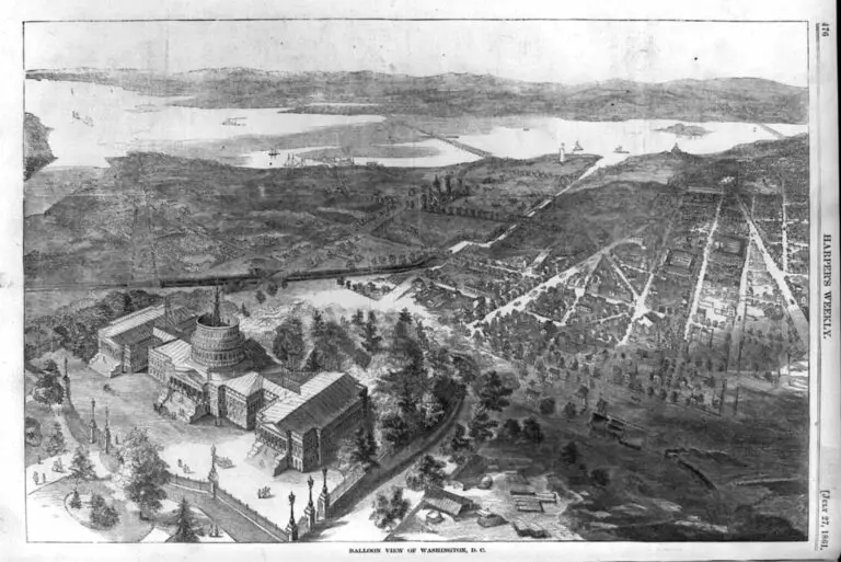 Balloon view of Washington, D.C., Harper's Weekly, July 27, 1861, p. 476. Library of Congress Prints and Photographs Division, LC-USZ62-71022. Smithsonian Institution Building can be seen at the top center east of the Potomac River and Virginia, Washington Canal visible, proceeding from the Potomac River due east and then southeast.