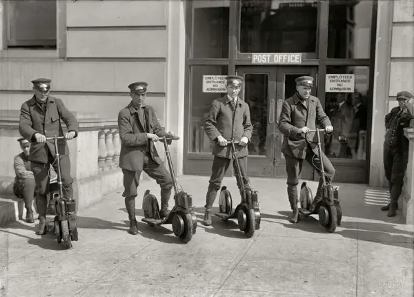 Washington, D.C., circa 1917. "Post Office postmen on scooters." Kind of a Segway vibe here. Harris & Ewing Collection glass negative.