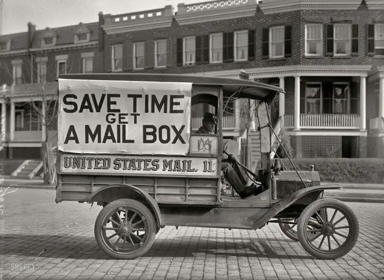 Washington, D.C., 1916. "Post Office Department mail wagon." With a slogan we can all get behind. Harris & Ewing Collection glass negative.