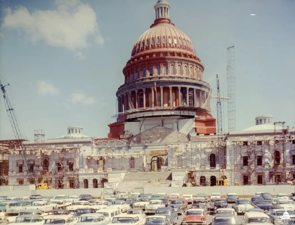 In late 1959 through 1960, the Capitol Dome underwent a significant repair and restoration effort and at the end of 1959 the exterior of the Dome was surrounded by scaffold.