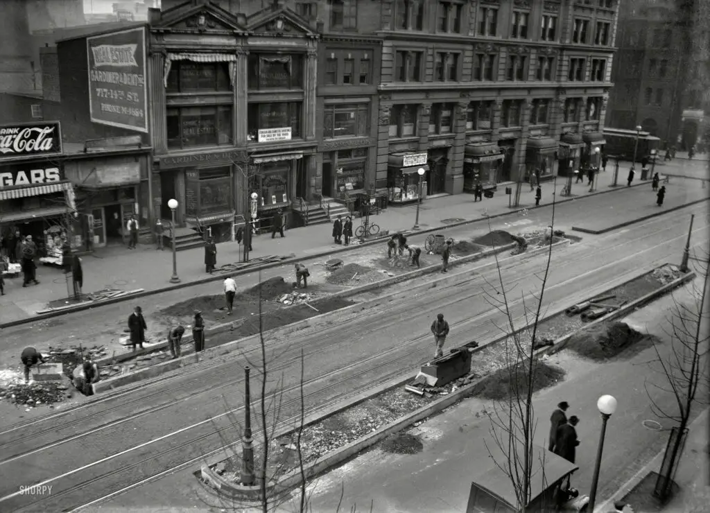 Washington, D.C., circa 1920. "Curb work -- car stop on 14th Street N.W." Streetcar infrastructure. Harris & Ewing glass negative.
