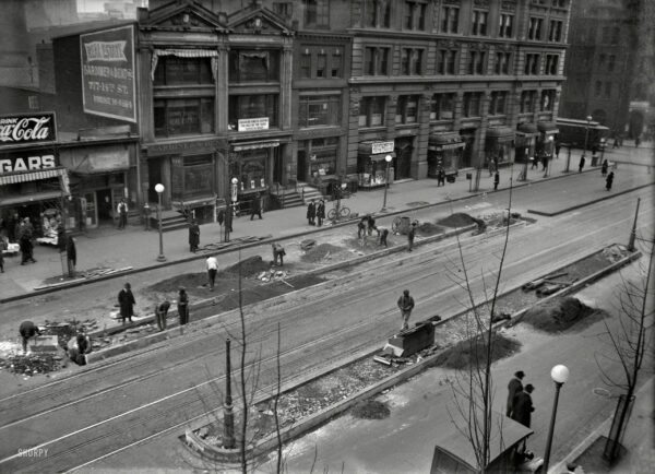 Washington, D.C., circa 1920. "Curb work -- car stop on 14th Street N.W." Streetcar infrastructure. Harris & Ewing glass negative.