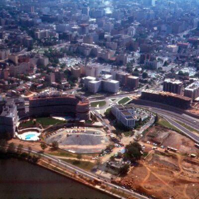 View from a Lockheed Elektra on approach to Washington National in 1967. The Watergate complex is under construction to the left and the Kennedy Center to the right.