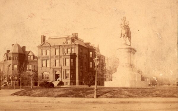 View northwest past the equestrian statue (by Henry Kirke Brown) of General Winfield Scott. Includes the Queen Anne-style Windom House on the northwest corner of Massachusetts Avenue and 16th Street NW, and the Hutchins House next door to the west. (Current site of the Australian Embassy). William H. Seaman Photograph Collection, HSW (1888)