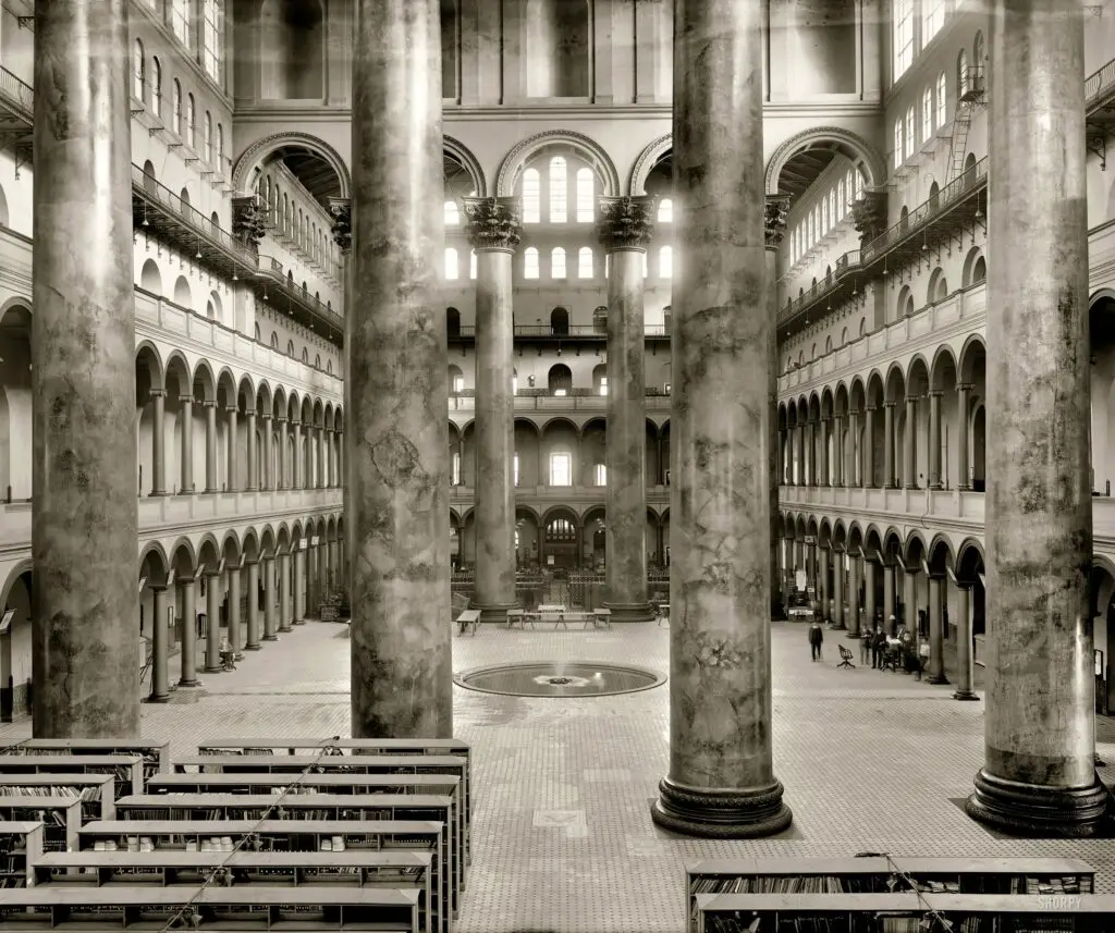 Washington, D.C., circa 1918. "Pension Office interior." This former repository of Civil War veterans' pension records is now the National Building Museum. National Photo Company Collection glass negative.