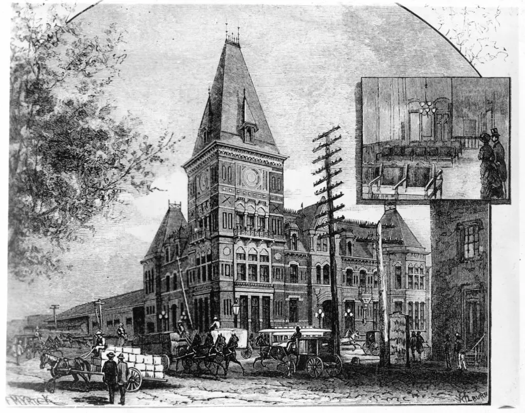 Exterior of old Pennsylvania Station, 6th & B Streets, N.W., Washington, D.C., as it appeared in the 1880's showing street traffic in front and insert of interior