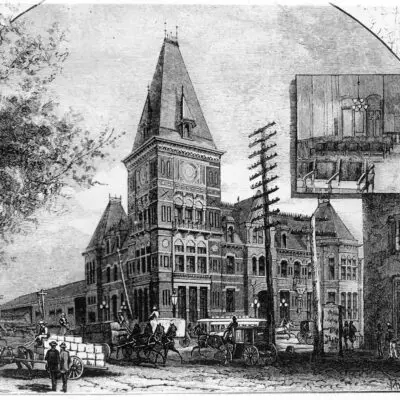 Exterior of old Pennsylvania Station, 6th & B Streets, N.W., Washington, D.C., as it appeared in the 1880's showing street traffic in front and insert of interior
