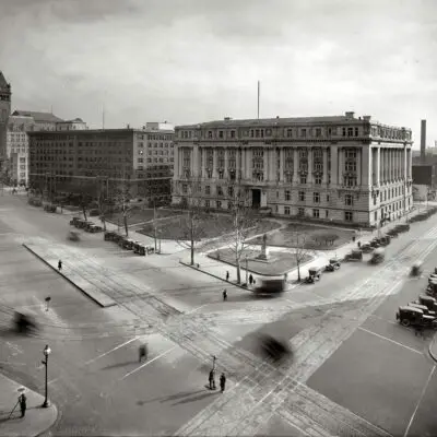 "Municipal Building, Southern Railway, and Post Office Department, from the Willard Hotel roof." An ethereal, almost spectral view of Pennsylvania Avenue at 14th Street N.W. in Washington circa 1921, with the Old Post Office tower at left. National Photo Company Collection glass negative.