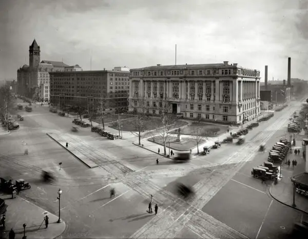 "Municipal Building, Southern Railway, and Post Office Department, from the Willard Hotel roof." An ethereal, almost spectral view of Pennsylvania Avenue at 14th Street N.W. in Washington circa 1921, with the Old Post Office tower at left. National Photo Company Collection glass negative.