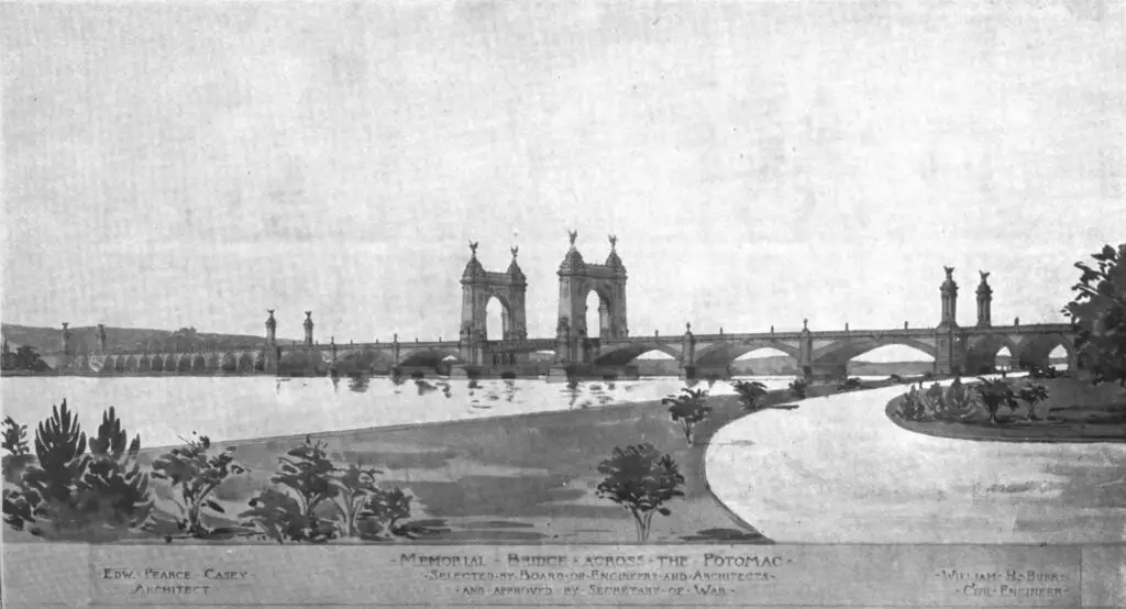 A 1901 design for the memorial bridge by Edward P. Casey and William H. Burr, accepted by the Secretary of War but never constructed.