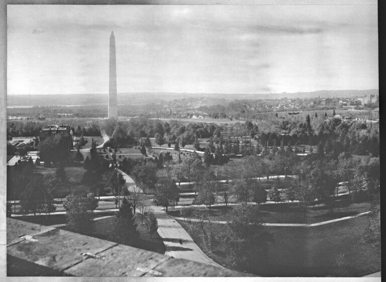 Third in a series of four panoramic photographs of Washington, D.C., from left to right (west to east) taken from a tower in the Smithsonian Institution Building. The Mall area is covered with trees. The streets on the left perpendicular to the Mall are 12th Street and 11th Street. The long building on the right is Center Market bounded by Pennsylvania Avenue, Constitution Avenue, 7th and 9th Streets, N.W. Up and behind Center Market on the right, the large building is the Pension Bureau Building bounded by F and G Streets, N.W., between 4th and 5th Streets, designed by General Montgomery C. Meigs, completed in 1887, later occupied by many government agencies and now known as the National Building Museum