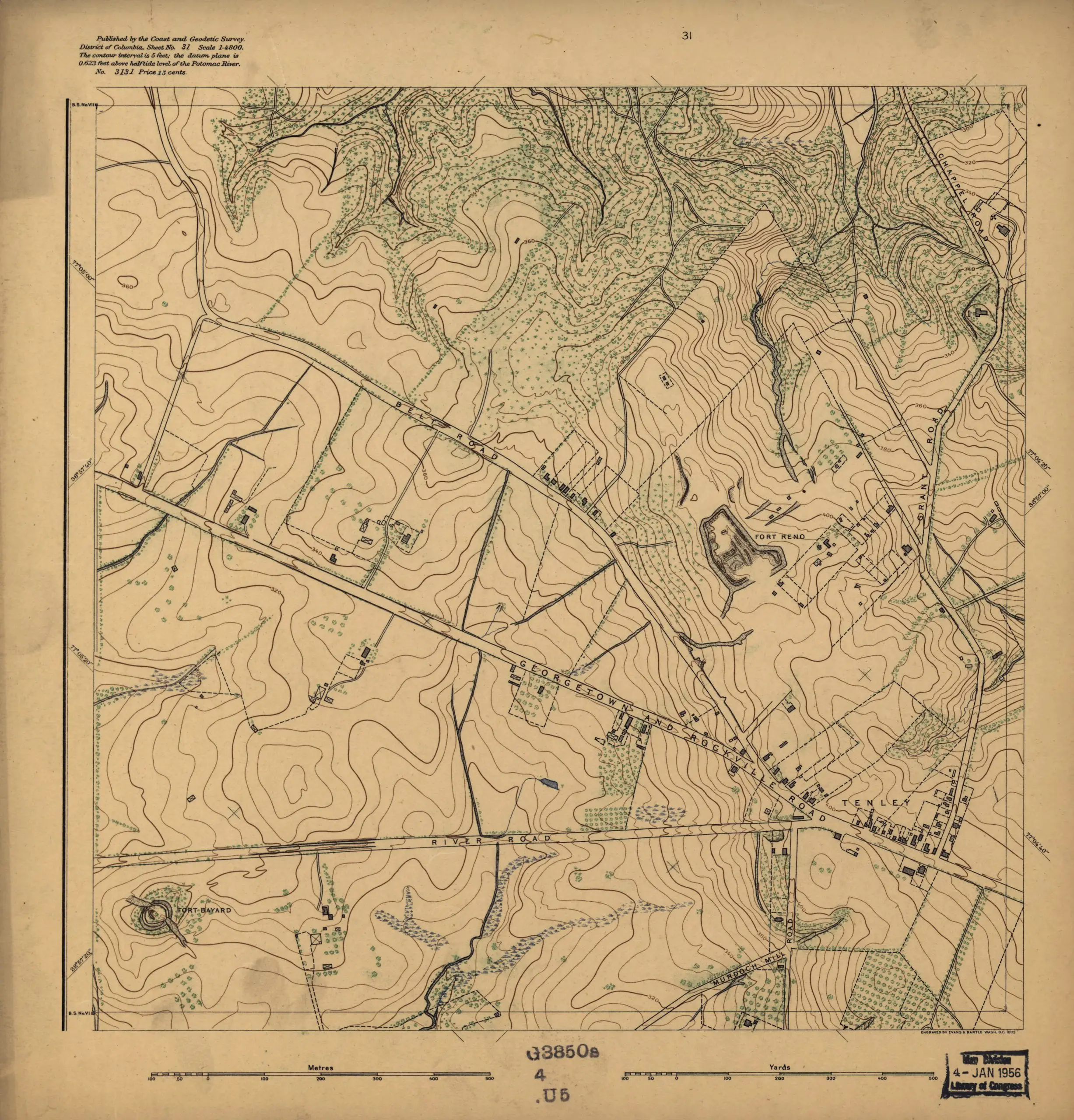 Topographic map showing lot lines, buildings, and woods.  Covers District of Columbia outside former Washington city limits (Florida Avenue).
