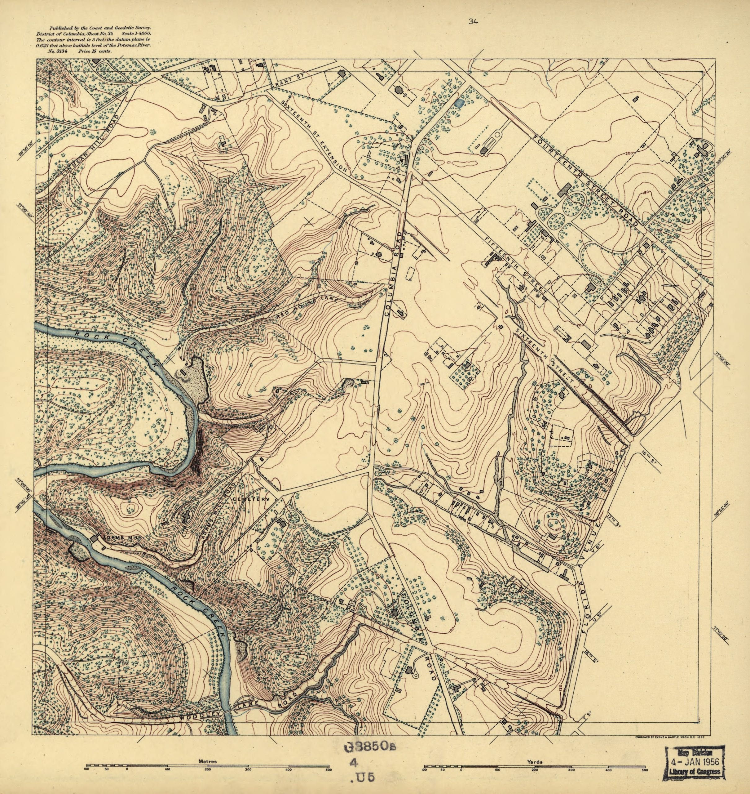 Topographic map showing lot lines, buildings, and woods.  Covers District of Columbia outside former Washington city limits (Florida Avenue).