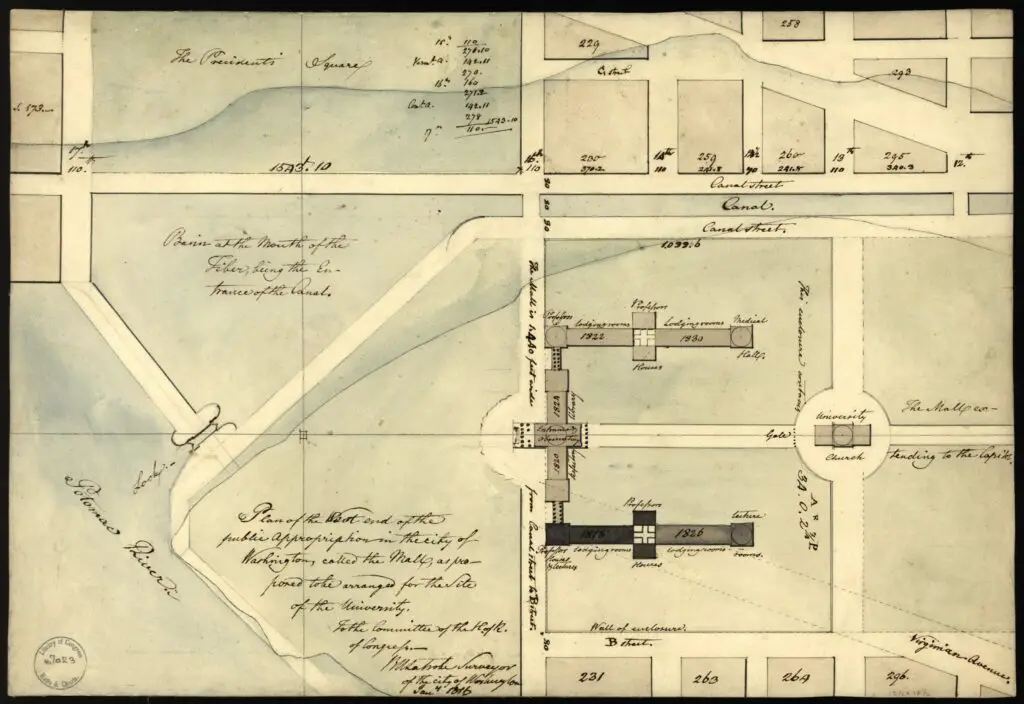 Plan of the west end of the public appropriation in the city of Washington, called the Mall : as proposed to be arranged for the site of the university / to the Committee of the H. of R. of Congress, BHLatrobe, Surveyor of the City of Washington, Jan'y 1816.
