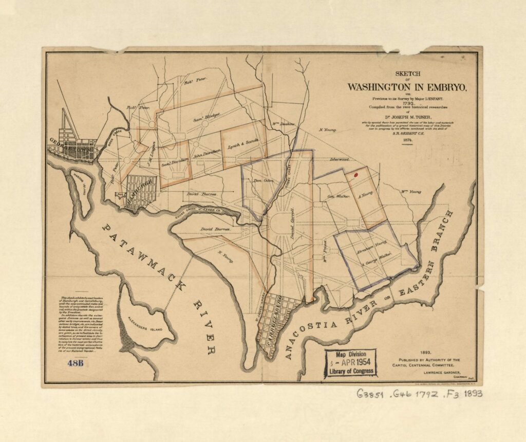 Sketch of Washington in Embryo, 1874 map of the original landowners of the city of Washington before L'Enfant's survey, showing David Burnes, Notley Young and Daniel Carroll