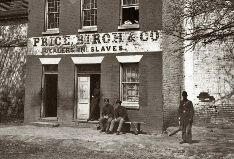 Union Army guard at Price, Birch & Co. slave pen at Alexandria, Virginia, circa 1865. Detail of albumen print. Photograph by Andrew J. Russell.