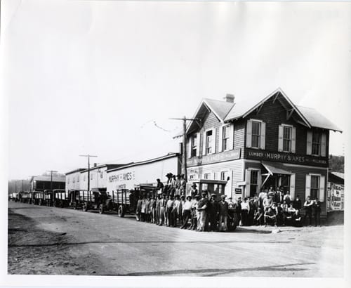 Murphy and Ames was a lumber and building materials company founded in 1908 by Nathaniel S. Ames and Thomas B. Murphy. In addition to its two founders, the company began with two other employees, plus one horse and wagon for deliveries. The first office in Rosslyn (pictured here) started as a 16' by 24' shack.