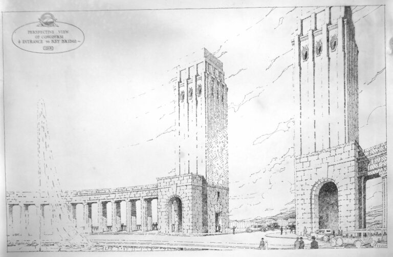 Plans for proposed building projects in Washington, D.C. Perspective view of concourse and entrance to Key Bridge, 1928